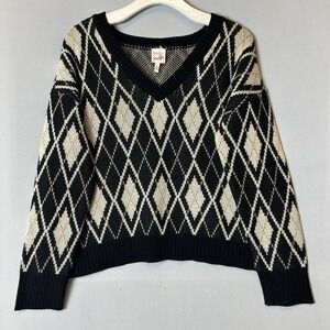Belle De Jour Top Womens Medium Sweater Black Beige Pullover V Neck Loose Knit